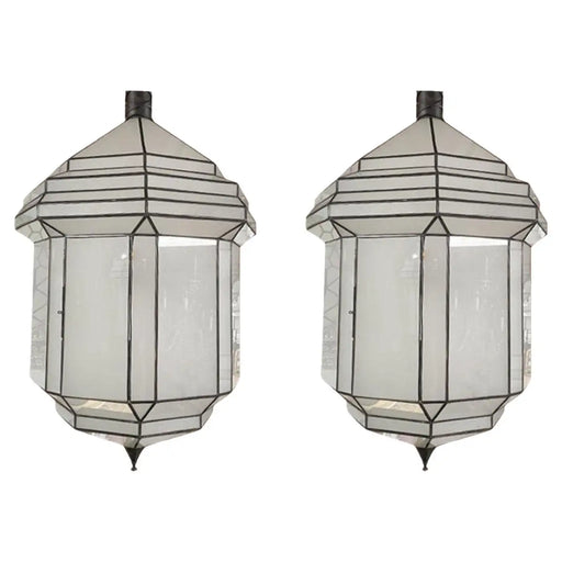 Large Art Deco Style White Milk Glass Chandelier, Pendant or Lantern, a Pair