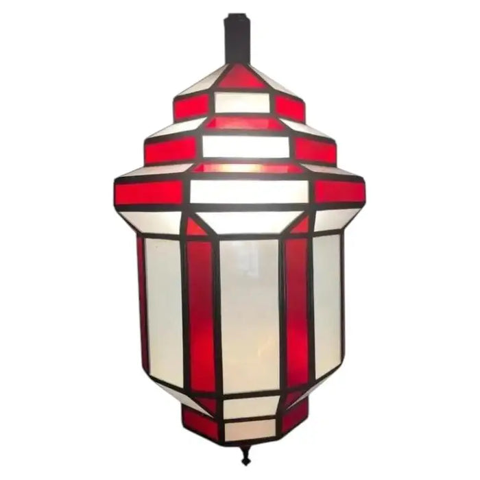 Art Deco-Style White Milk & Red Glass & Bronze Chandelier, Pendant or Lantern