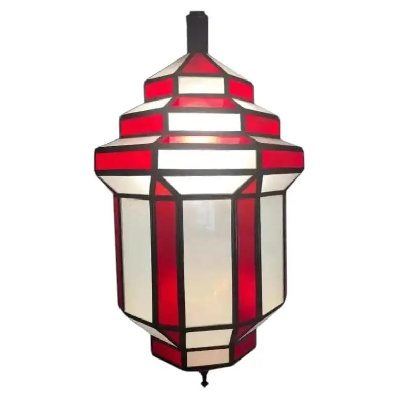 Art Deco-Style White Milk & Red Glass & Bronze Chandelier, Pendant or Lantern