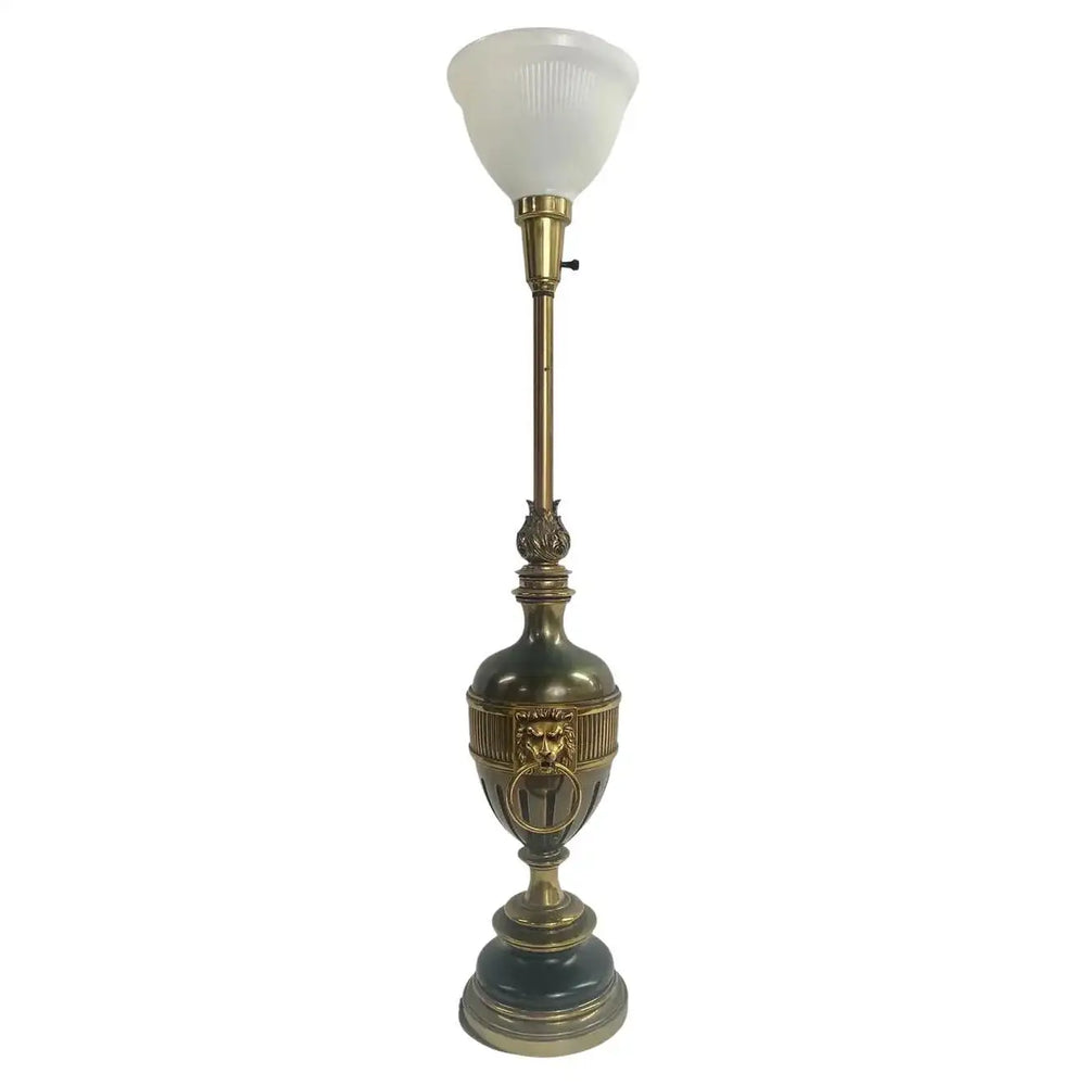 Stiffel Hollywood Regency Style Brass & Ebony with Lion Head Table Lamp