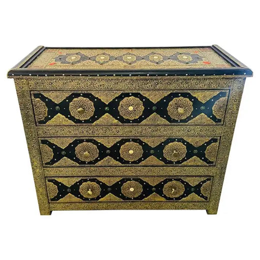 Palatial Hollywood Regency Commode, Chest, Nightstand in Brass and Ebony