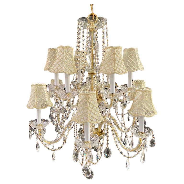 French Regency Style Crystal with Gold Frame Chandelier, Custom Shades, 12 arms