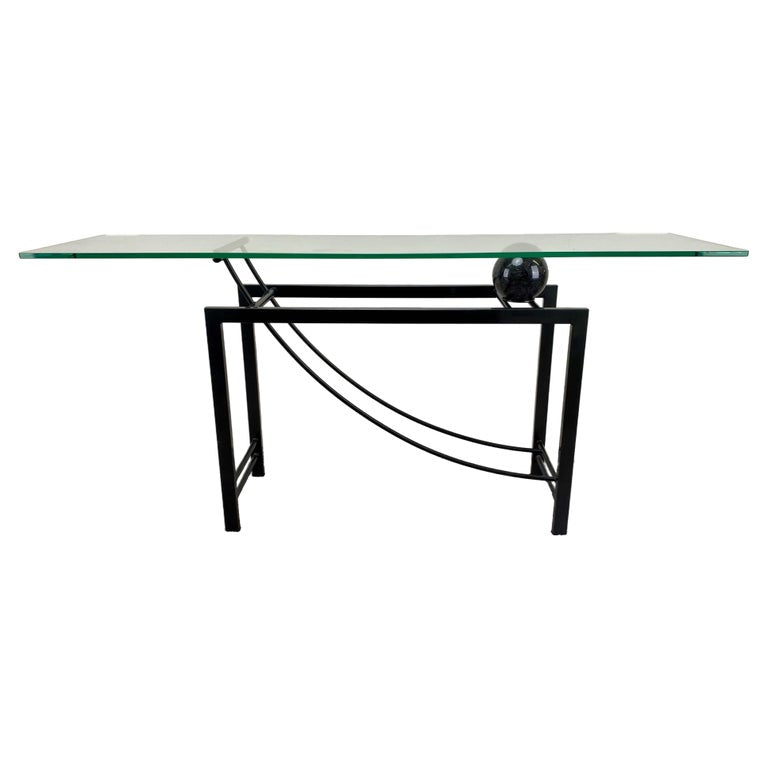 Minimalist Sculptural Geometric Metal Base Console with Marble & Glass