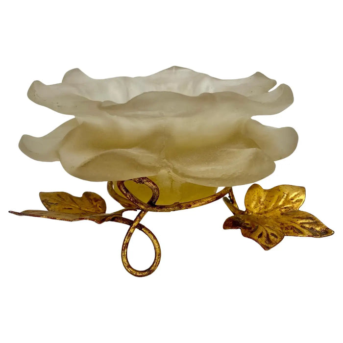 Mid-Century Modern White Frosted Lucite Flower Candle Holder with Gold Leaves