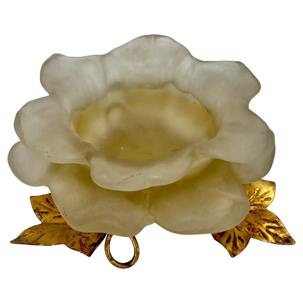 Mid-Century Modern White Frosted Lucite Flower Candle Holder with Gold Leaves