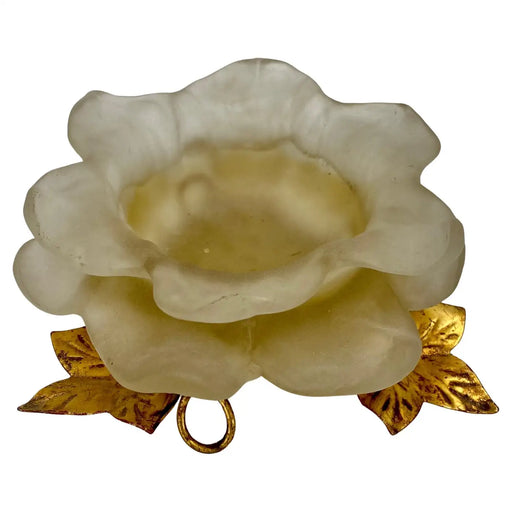 Mid-Century Modern White Frosted Lucite Flower Candle Holder with Gold Leaves