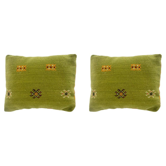 Boho Chic Green Moroccan Tribal Kilim Wool Hand-Woven Pillow, a Pair