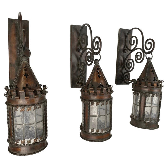 Antique 19th Century Gothic Spanish Revival Hand-Forged Wall Sconces, Set of 3