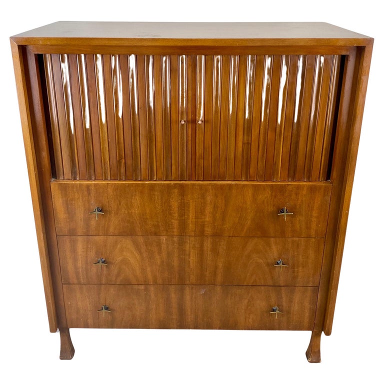 John Widdicomb Mid-Century Modern Walnut Tall Dresser with Tambour Doors