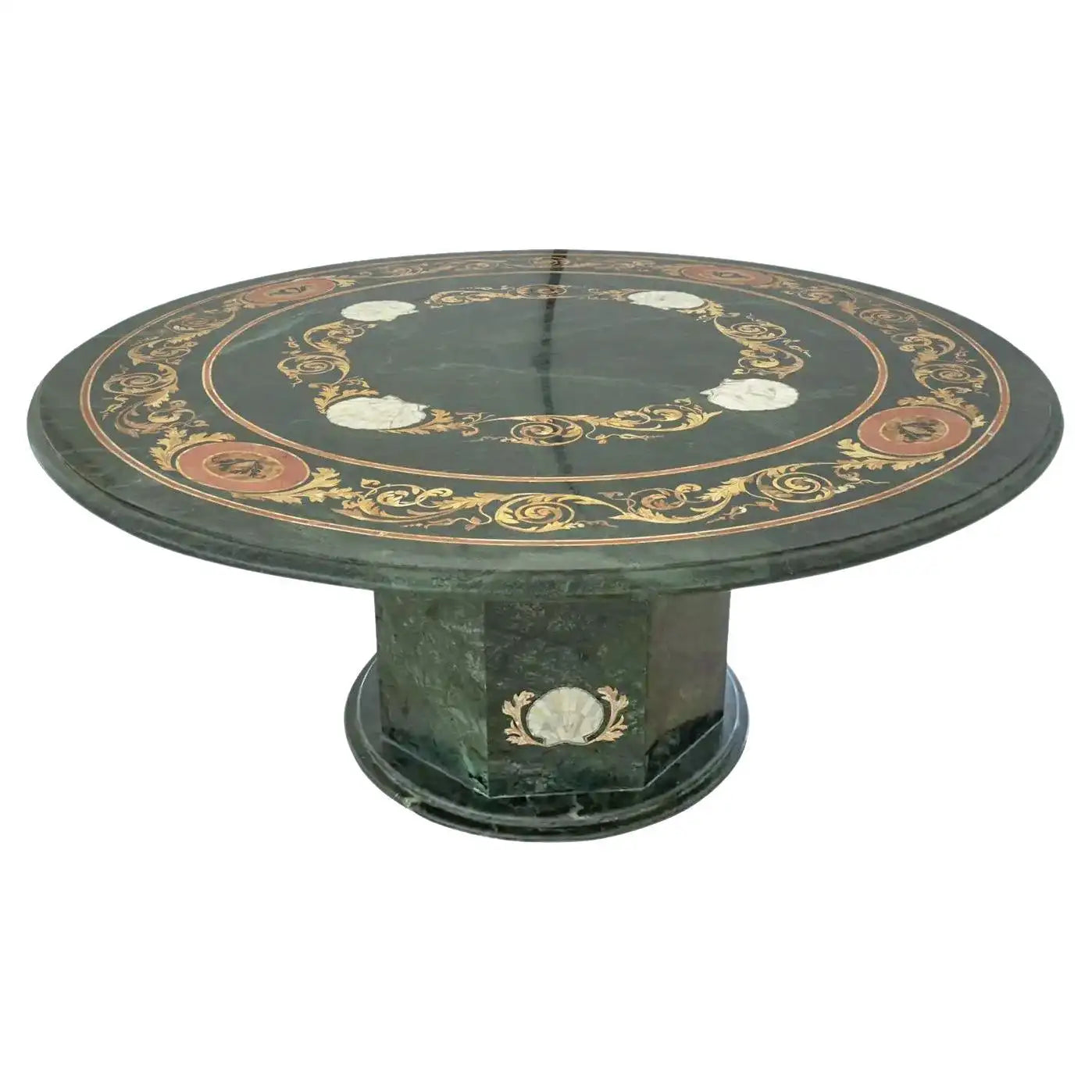 Large Italian Pietra Dura Inlaid Pedestal Center or Dining Table in Gr Large Italian Pietra Dura Inlaid Pedestal Center or Dining Table in Gr
