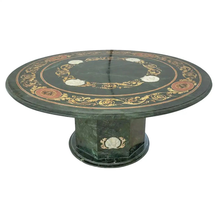 Large Italian Pietra Dura Inlaid Pedestal Center or Dining Table in Green Marble