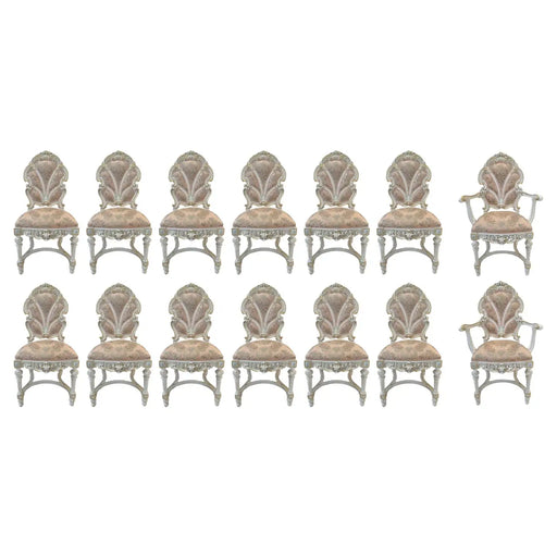 Italian Baroque Style Dining Chair in Antiqued White & Silk Upholstery, 14 pcs