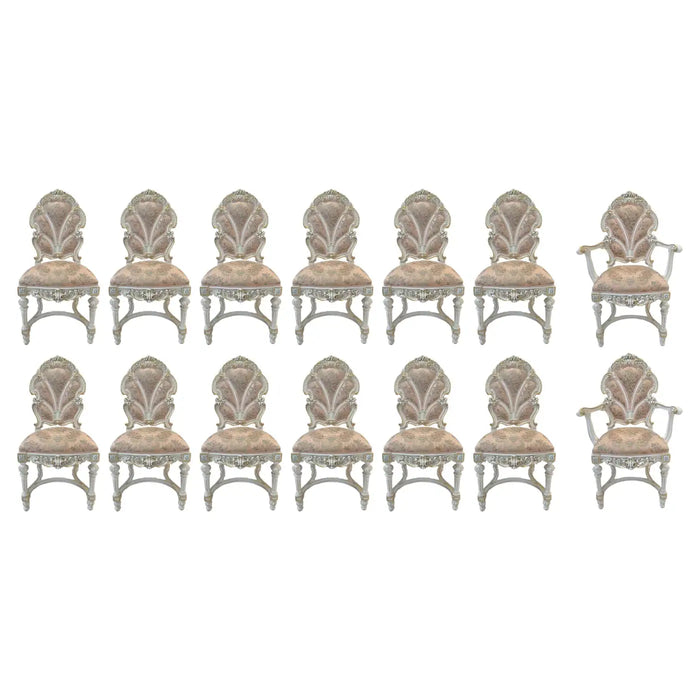 Italian Baroque Style Dining Chair in Antiqued White & Silk Upholstery, 14 pcs