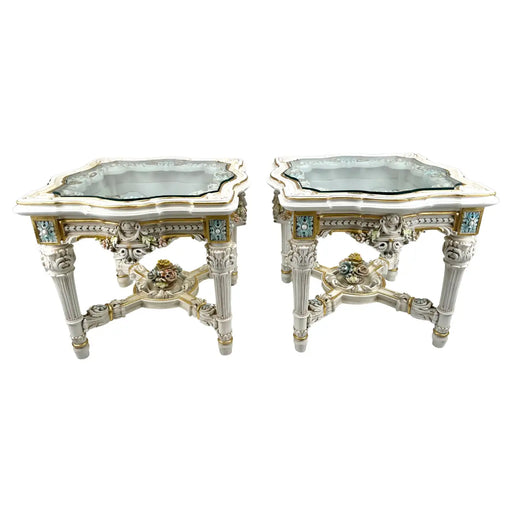 Italian Neo Classical Baroque Style Glass Top Carved End or Side Table, a Pair