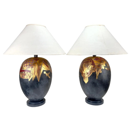 Frederick Cooper Mid Century Modern Ginger Jar Gold & Black Table Lamp, a Pair