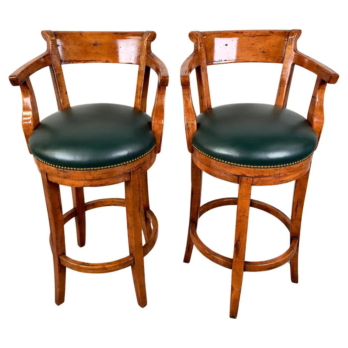 Biedermeier Style Oak Wood Swivel Bar Stool with Green Leather Seat, a Pair