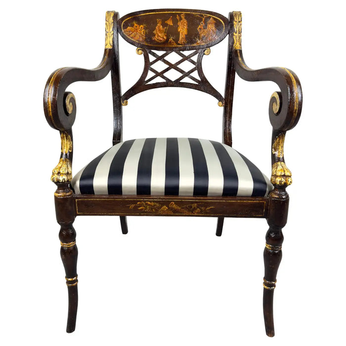 Italian Regency Style Side Chair, Ebonized with Gold Finish & Stripe upholstery