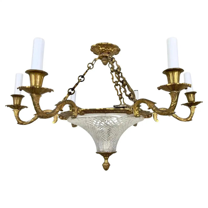 French Empire Style Ormolu Bronze Chandelier with Cut Crystal Bowl, 6 Arms