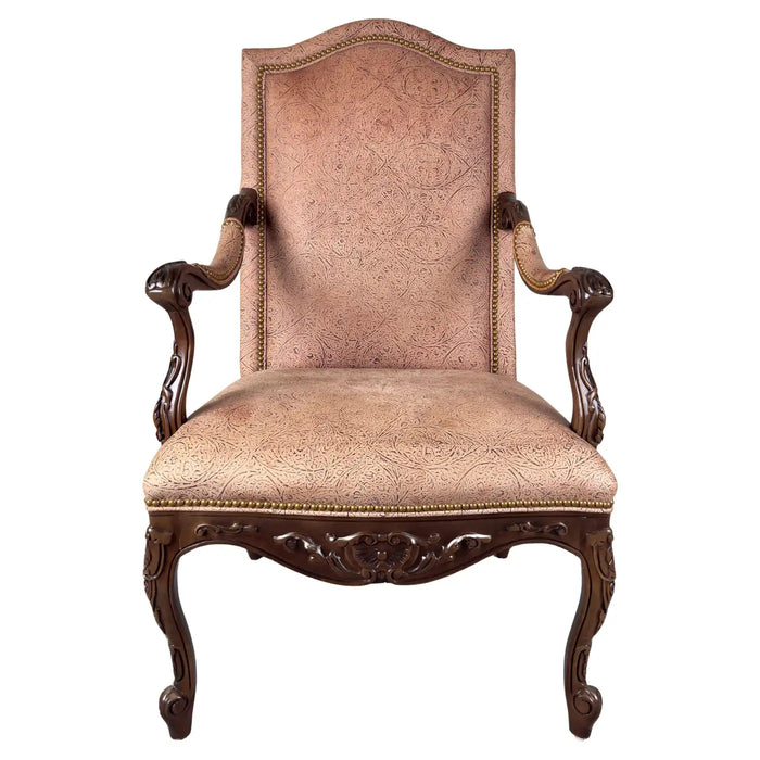 French Louis XV Style Mahogany Armchair with Embossed Salmon Pink Leather