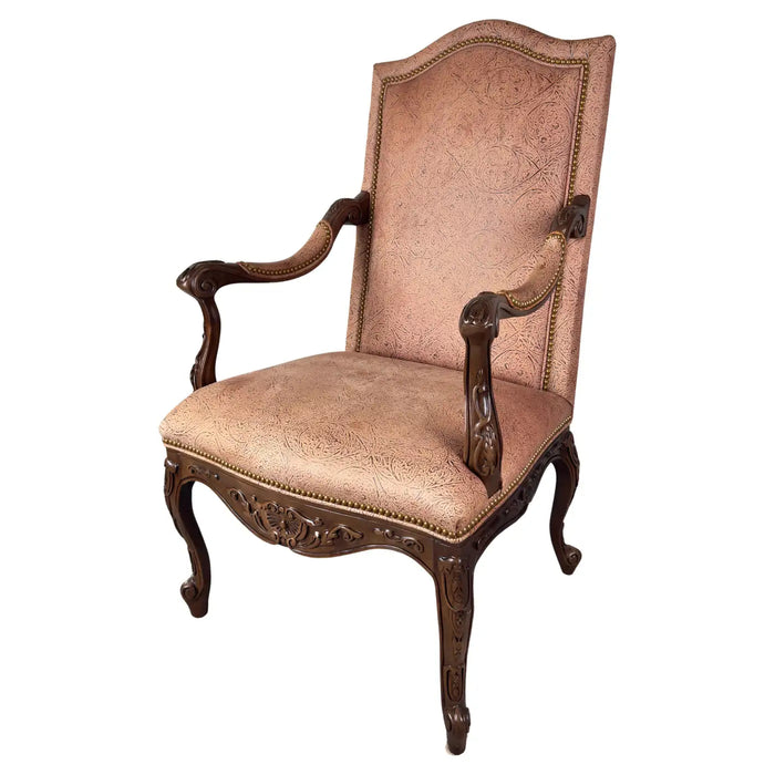 French Louis XV Style Mahogany Armchair with Embossed Salmon Pink Leather