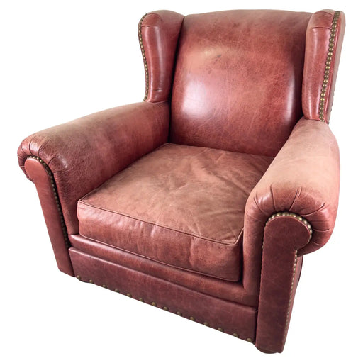 American Classical Style Distressed Leather Red - Brown Oversized Club Chair