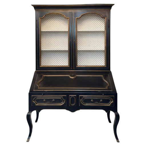 Louis XV Style Minton Spidell Drop-Front Hand Painted Black Secretary Cabinet