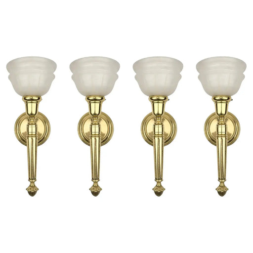 Early 20th Century Argand Style Brass & Alabaster Shades Wall Sconce, Set of 4