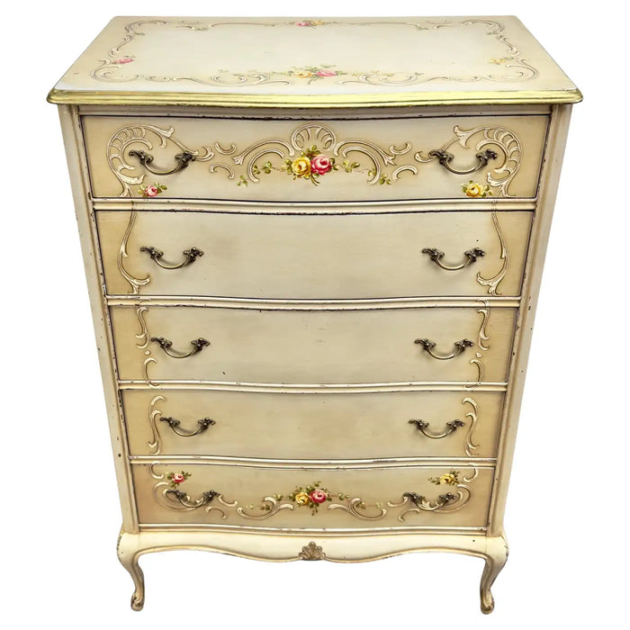 French Provincial Style Highboy Chest of Drawers or Dresser with Floral Design