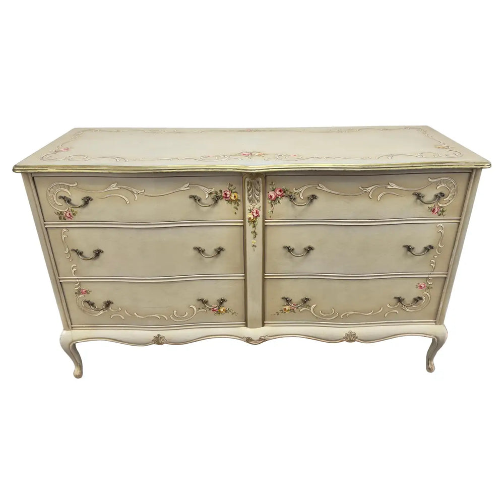 French Provincial Hand Painted Commode or Chest of Drawers with Floral Design