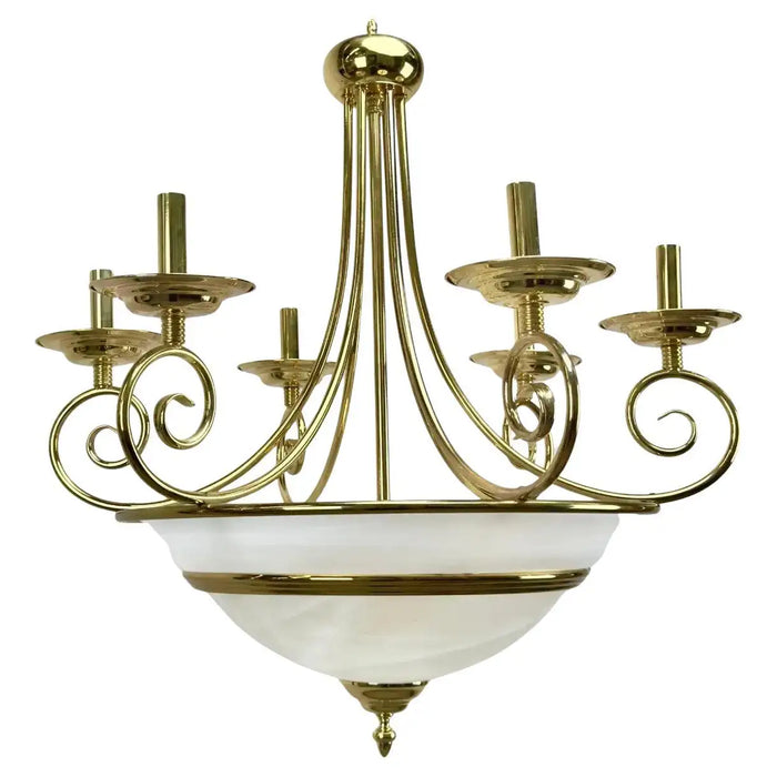 Art Deco Brass Chandelier with White Milk Frosted Glass Bottom Bowl, 6 Arms