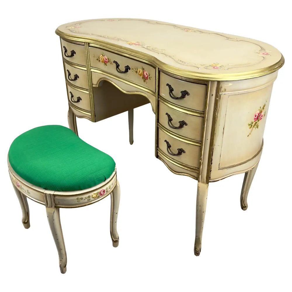 French Provincial Style Kidney Shaped Lady Writing or Vanity Desk with Ottoman