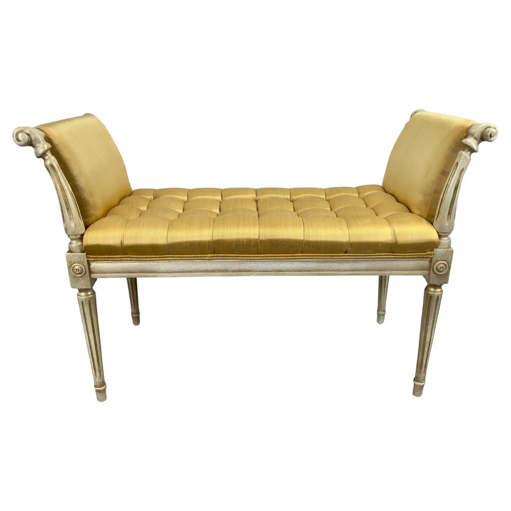 French Louis XVI Style Tufted Gold Upholstery Window Seat Bench