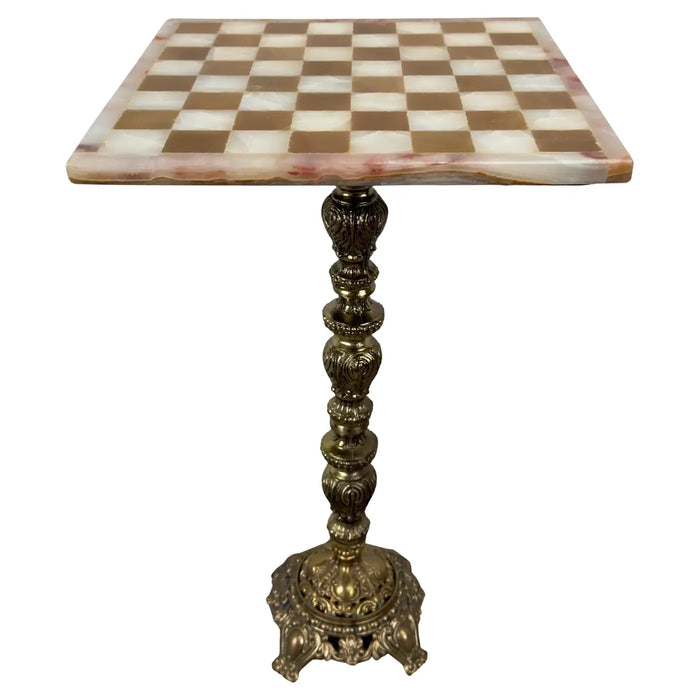 Victorian Revival Chess Table & Pieces with Marble Top & Bronze Base