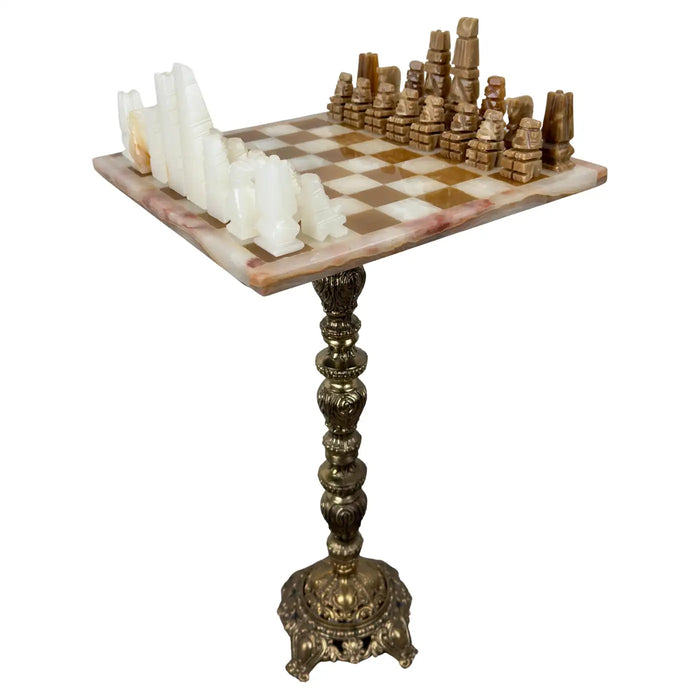 Victorian Revival Chess Table & Pieces with Marble Top & Bronze Base