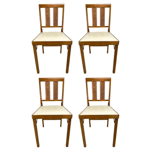 Mid Century Modern White Faux Leather and Carved Walnut Folding Chair, Set of 4