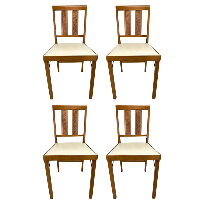 Mid Century Modern White Faux Leather and Carved Walnut Folding Chair, Set of 4