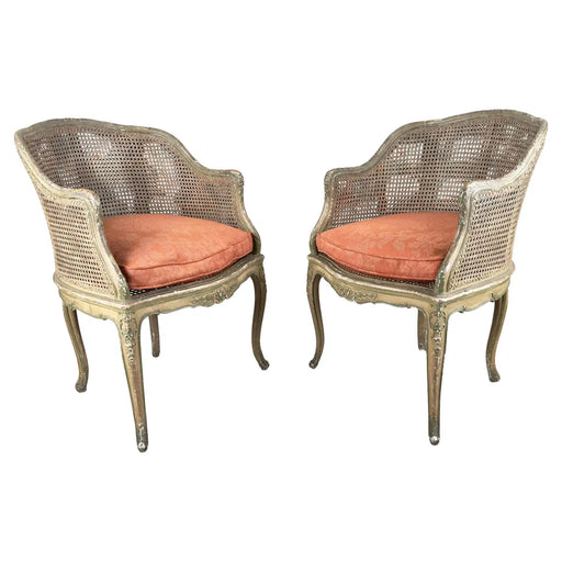 French Louis XV Style Cane Bergere Petite Salon Chair, a Pair Circa 1910's