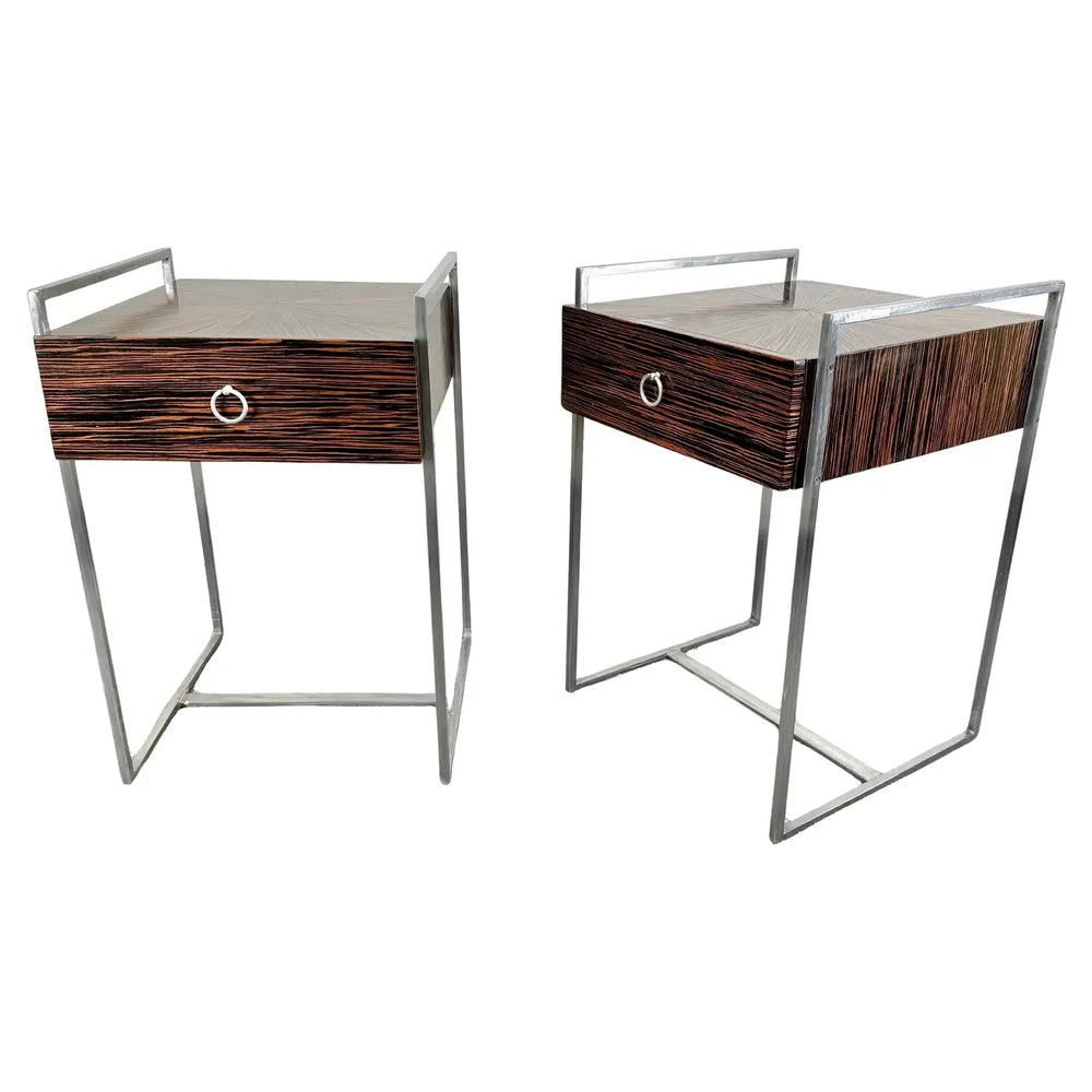 Mid-Century Modern Macassar Zebra Design & Iron Nightstand or End Table, a Pair