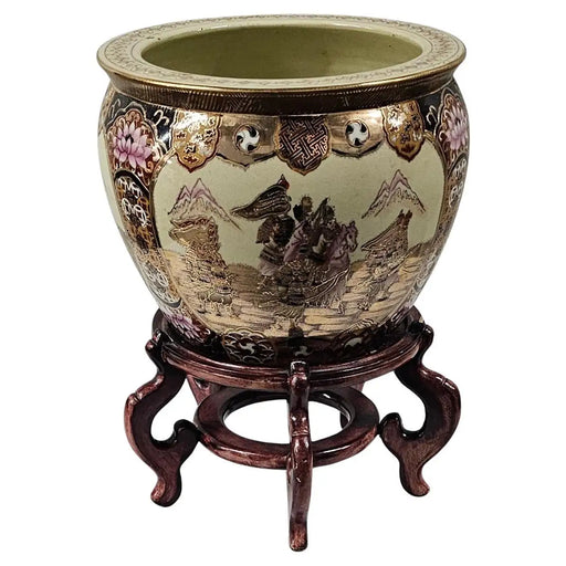 Chinese Oriental Ceramic Fish Bowl, Jardiniere or Planter On Rosewood Stand