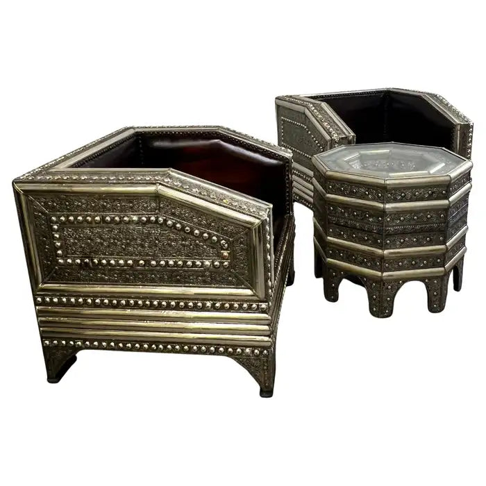 Paul Evans Style Brutalist Handmade Brass & Leather Lounge Chair, a Pair