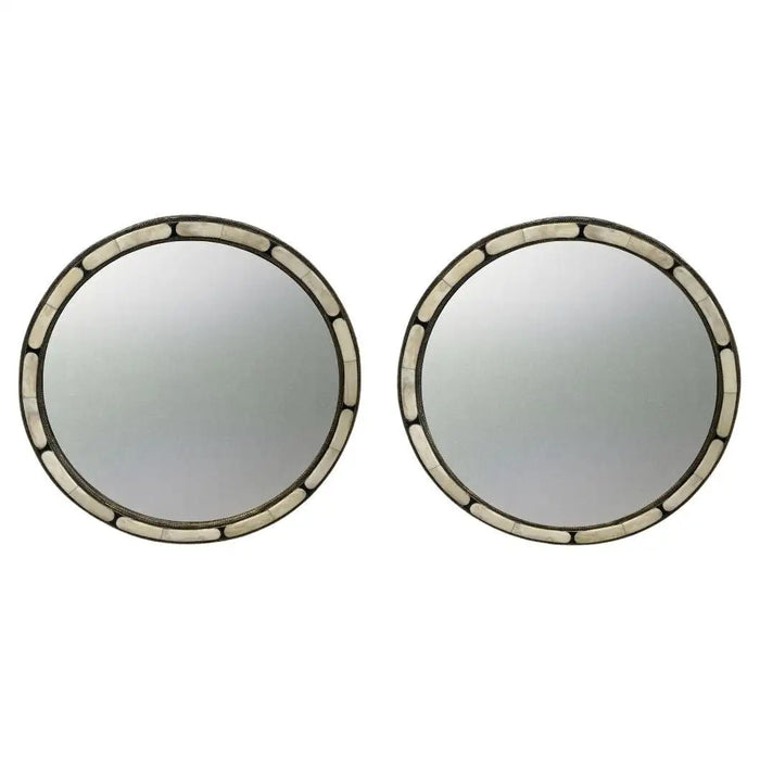 Art Deco Style Handmade White & Black with Brass Inlay Round Mirror, a Pair