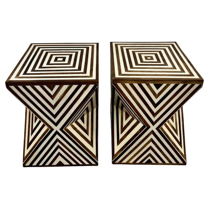 Art Deco Style Sculptural White & walnut Resin Side or End Table, a Pair