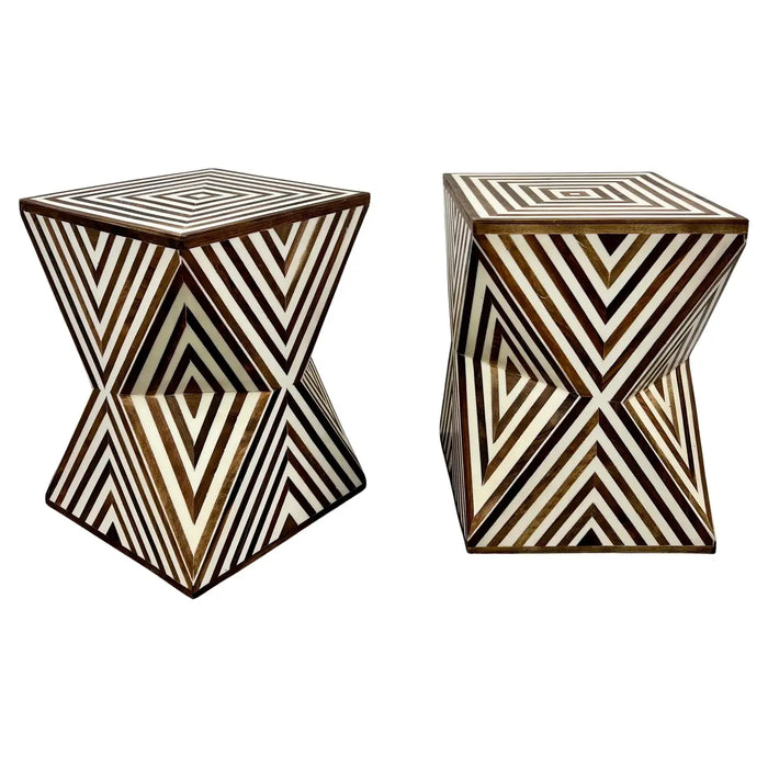 Art Deco Style Sculptural White & walnut Resin Side or End Table, a Pair
