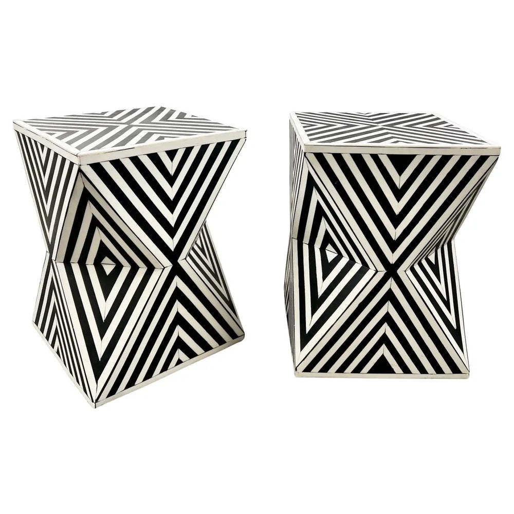 Art Deco Style Black & White Resin Sculptural Side, End Table or Stool, a Pair