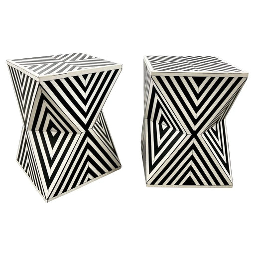 Art Deco Style Black & White Resin Sculptural Side, End Table or Stool, a Pair