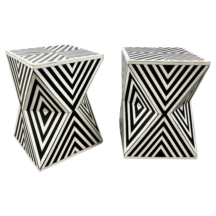 Art Deco Style Black & White Resin Sculptural Side, End Table or Stool, a Pair