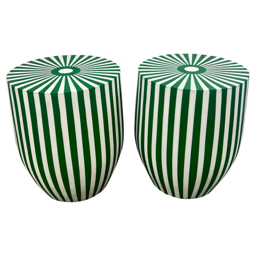Art Deco Style Green & White Cylindrical Resin Side, End Table or Stool, a Pair