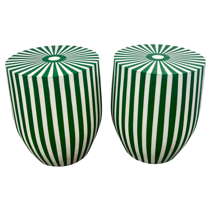 Art Deco Style Green & White Cylindrical Resin Side, End Table or Stool, a Pair