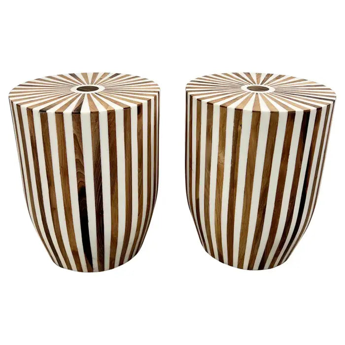 Art Deco Style Brown & White Cylindrical Walnut Resin End Table or Stool, a Pair