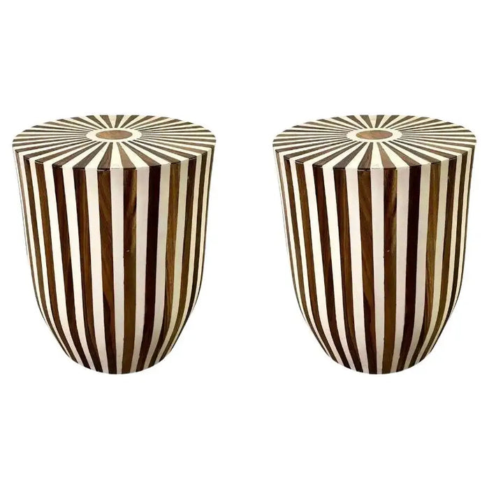 Art Deco Style Brown & White Cylindrical Walnut Resin End Table or Stool, a Pair